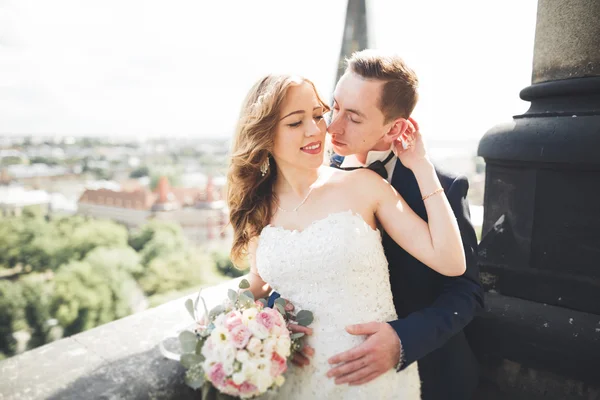 Stilvoll schönes Hochzeitspaar küsst und umarmt sich im Hintergrund Panoramablick auf die Altstadt — Stockfoto