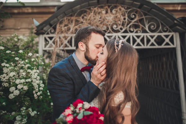 Beijar casal de casamento na primavera natureza close-up retrato — Fotografia de Stock