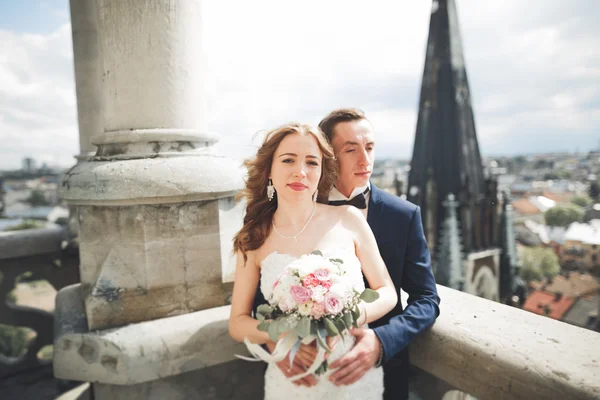 Muhteşem bir düğün çifti eski Lviv şehrinde yürüyor.