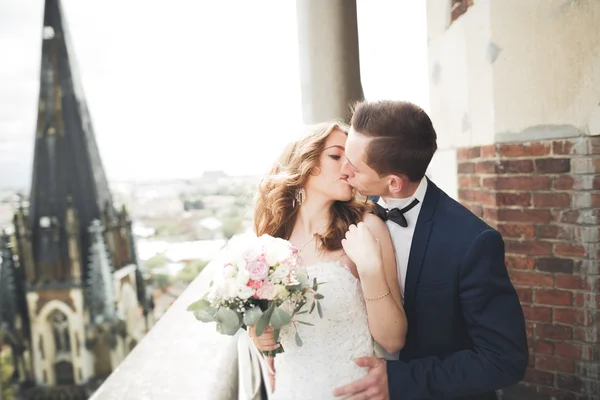 Snygg vacker bröllop par kyssas och kramas på bakgrund panoramautsikt över gamla stan — Stockfoto