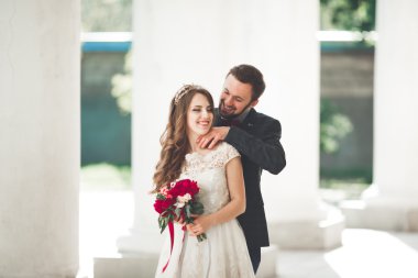 Güzel çift, gelin ve damat büyük beyaz sütun poz