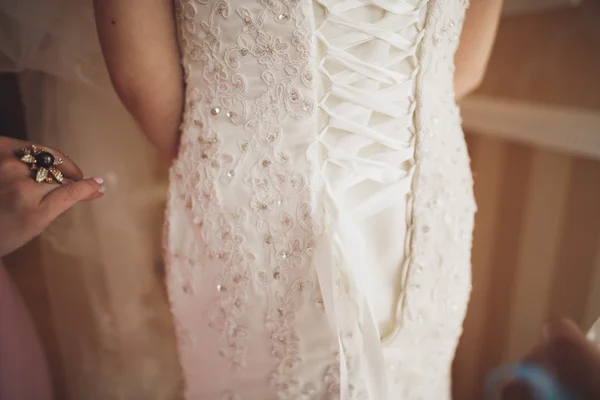 Ritratto di bella sposa con velo di moda e vestito al mattino di nozze — Foto Stock
