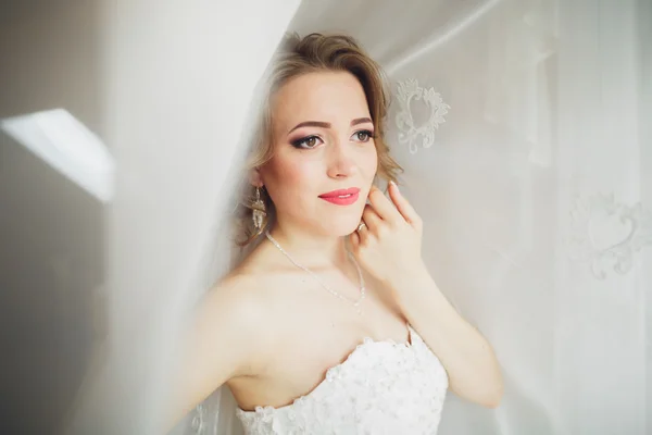 Retrato de novia hermosa con velo de moda y vestido en la mañana de la boda —  Fotos de Stock