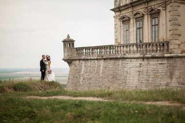 Mutlu düğün kaç sarılma ve öpüşme üzerinde arka plan eski kale