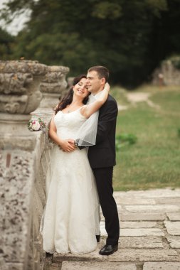 Güzel, romantik bir düğün. Yeni evliler. Eski kalenin yakınlarında sarılıyorlar.