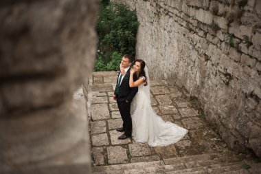 Mutlu düğün kaç sarılma ve öpüşme üzerinde arka plan eski kale