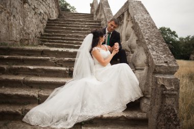 Mutlu düğün kaç sarılma ve öpüşme üzerinde arka plan eski kale