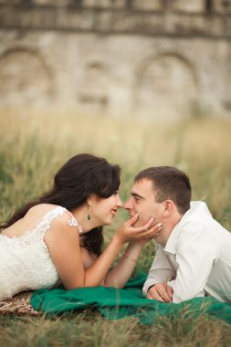 Mutlu evlilik çift yaz saati, yeşil çim üzerinde yalan