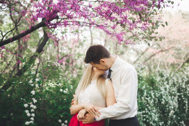 Şık güzel mutlu düğün çift öpüşme ve Botanik Bahçesi içinde kucaklayan