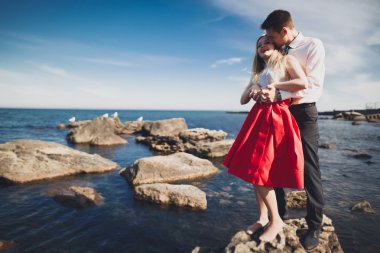 Sevimli gelin, manzara, dağlar ve denizin muhteşem Düğün çifti üzerinde zarif damat