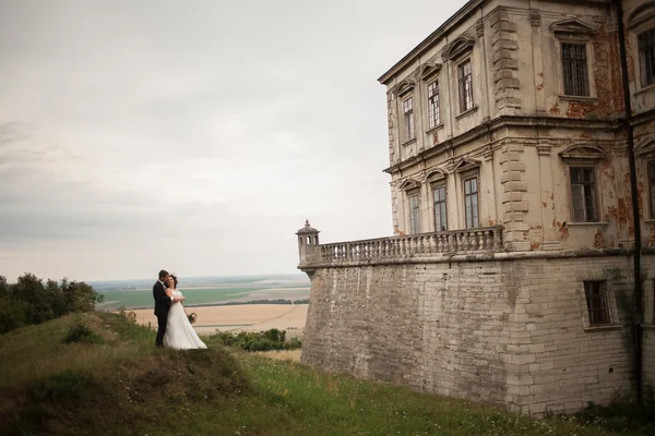 Beau couple de mariage romantique de jeunes mariés étreignant près du vieux château — Photo