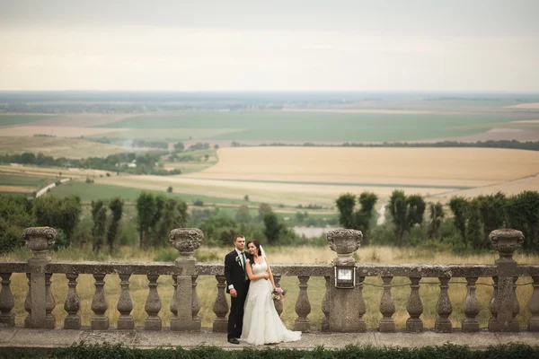 Felice matrimonio coppia abbracciare e baciare su sfondo vecchio castello — Foto Stock