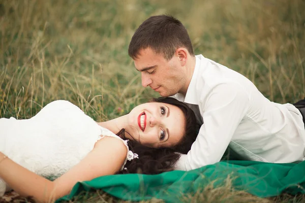 Casal de casamento feliz deitado na grama verde na hora de verão — Fotografia de Stock