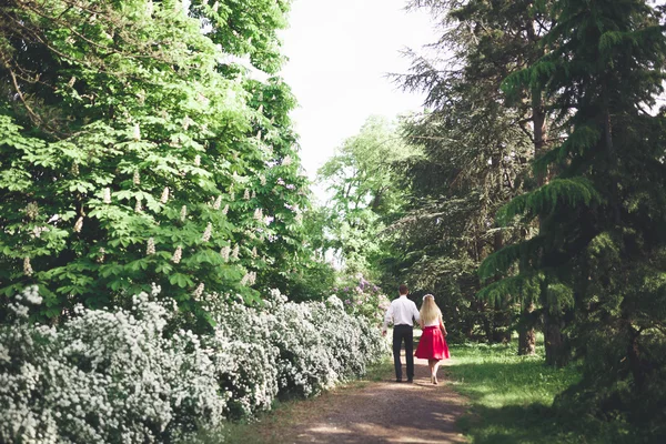 Стильная красивая счастливая свадебная пара целуется и обнимается в Ботаническом саду — стоковое фото