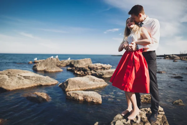 Sevimli gelin, manzara, dağlar ve denizin muhteşem Düğün çifti üzerinde zarif damat