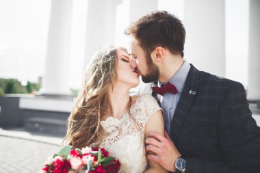 Güzel çift, gelin ve damat büyük beyaz sütun poz