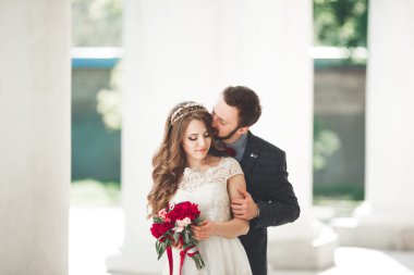 Güzel çift, gelin ve damat büyük beyaz sütun poz