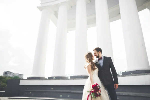 美丽的夫妇，新娘和新郎大白柱附近摆姿势 — 图库照片