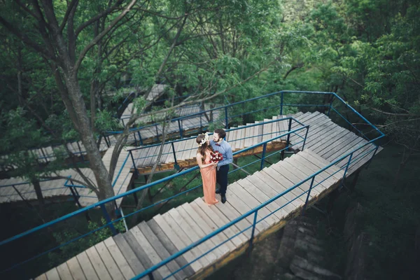 Elegante hermosa boda feliz pareja besando y abrazando en Jardín Botánico — Foto de Stock