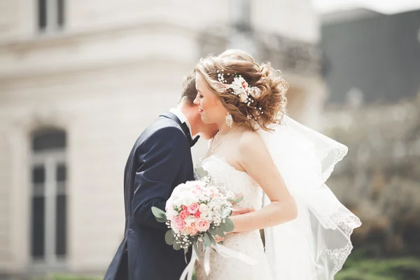 Wedding couple is standing and kissing in the streets of old city — Stock Photo, Image