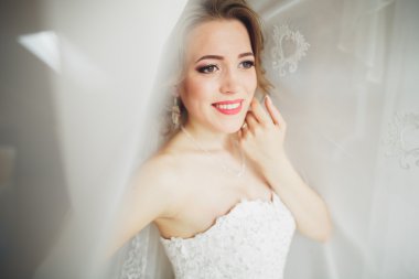 Beyaz elbiseli lüks gelin düğün törenine hazırlanırken poz veriyor.