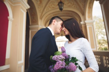 Güzel çift, gelin ve damat büyük beyaz sütun poz