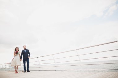 Gün batımında sahilde yürüyüş sadece evli evlilik çift.