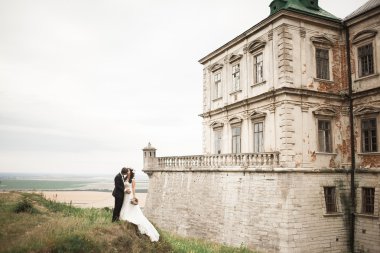 Mutlu düğün kaç sarılma ve öpüşme üzerinde arka plan eski kale