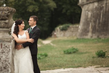 Mutlu düğün kaç sarılma ve öpüşme üzerinde arka plan eski kale