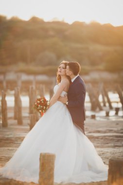 Güzel genç düğün çift, gelin ve damat arka plan denizde ahşap direklerin yakın poz