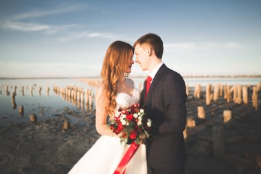 Güzel genç düğün çift, gelin ve damat arka plan denizde ahşap direklerin yakın poz