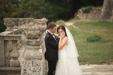 Güzel, romantik bir düğün. Yeni evliler. Eski kalenin yakınlarında sarılıyorlar.