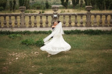 Mutlu düğün kaç sarılma ve öpüşme üzerinde arka plan eski kale