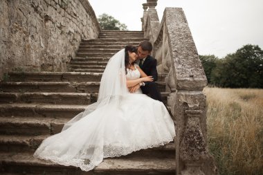 Mutlu düğün kaç sarılma ve öpüşme üzerinde arka plan eski kale