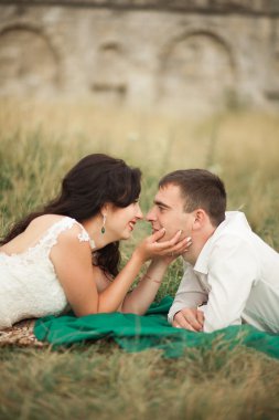 Mutlu evlilik çift yaz saati, yeşil çim üzerinde yalan