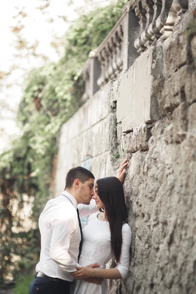 Wunderschöne frisch Vermählte posieren in der Nähe schöne Wand von Pflanzen Sträucher Bäume in ihrem Hochzeitstag — Stockfoto