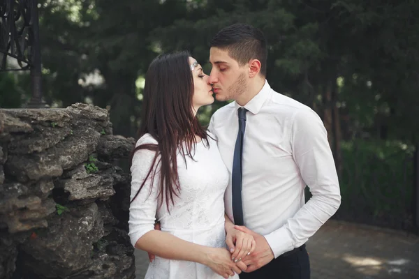 Lindo recém-casado posando perto de bela parede de plantas arbustos árvores em seu dia do casamento — Fotografia de Stock