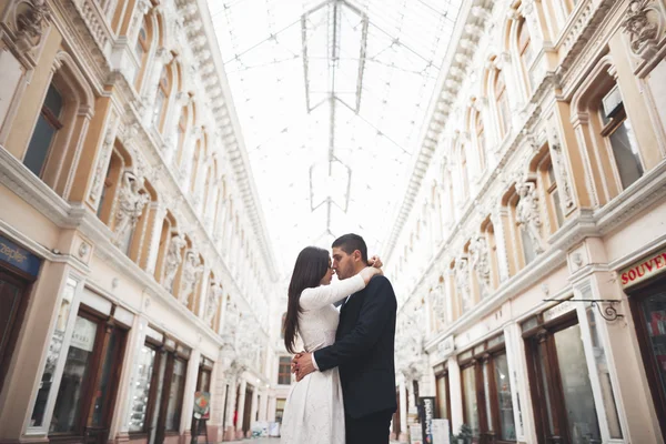 Beautiful wedding couple, bride, groom kissing and hugging against the background of old building