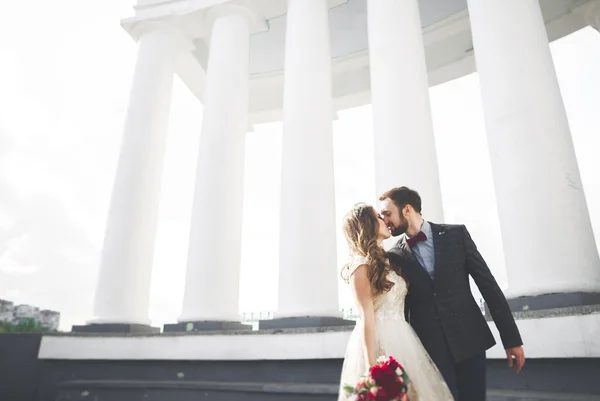 Красивая пара, невеста и жених позируют возле большой белой колонны — стоковое фото