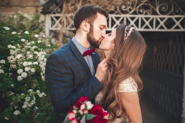 Kissing wedding couple in spring nature close-up portrait — Stock Photo, Image