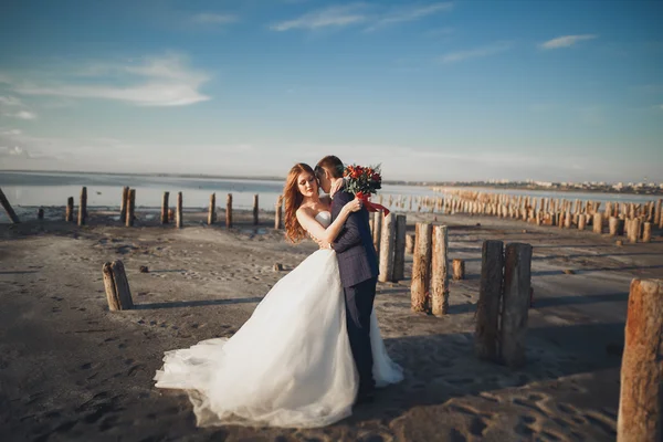 Elegante pareja de boda feliz elegante, novia, magnífico novio en el fondo del mar y el cielo —  Fotos de Stock
