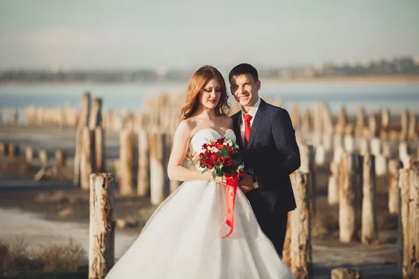 Beautiful young wedding couple, bride and groom posing near wooden poles on the background sea — Stock Photo, Image