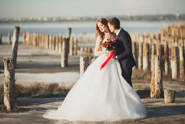 Casal de casamento jovem bonito, noiva e noivo posando perto de postes de madeira no fundo do mar — Fotografia de Stock