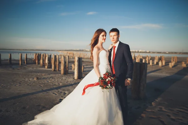 Casal feliz elegante elegante, noiva, lindo noivo no fundo do mar e do céu — Fotografia de Stock