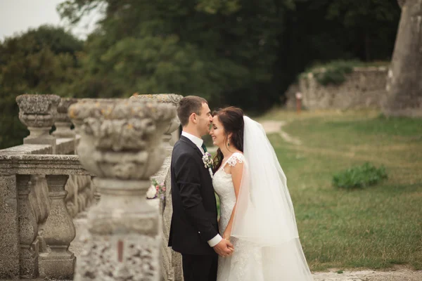 Güzel, romantik bir düğün. Yeni evliler. Eski kalenin yakınlarında sarılıyorlar. — Stok fotoğraf