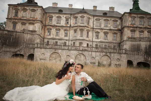 Joyeux couple de mariage embrassant et embrassant sur fond vieux château — Photo