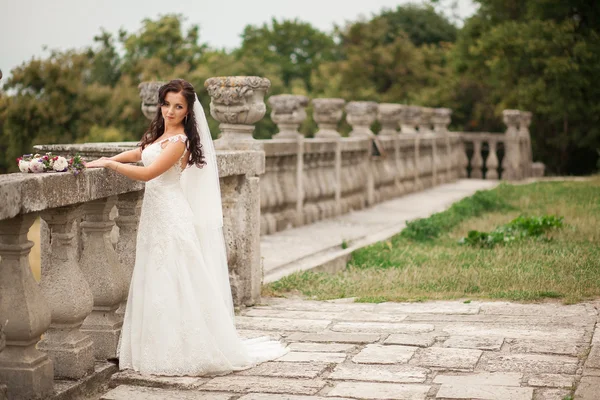 Splendido romantico gentile elegante bella sposa caucasica sullo sfondo antico castello barocco — Foto Stock