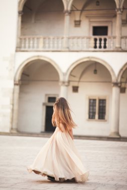 Güzel kız modeli sütunları yakınındaki eski kale poz uzun saçlı. Krakow Vavel