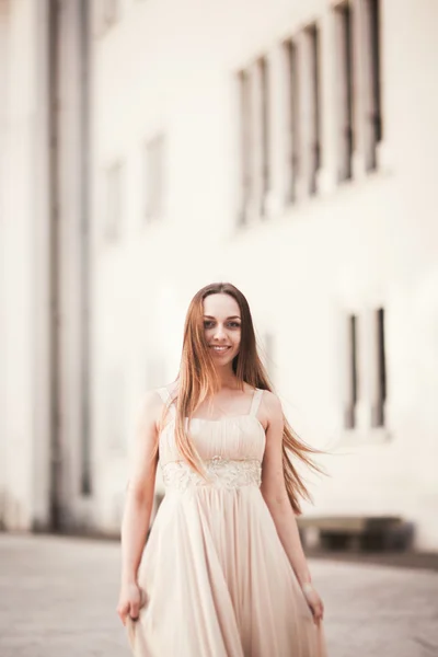 Hermosa chica, modelo con el pelo largo posando en el viejo castillo cerca de columnas. Cracovia Vavel —  Fotos de Stock