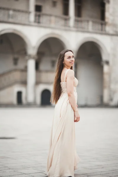 Hermosa chica, modelo con el pelo largo posando en el viejo castillo cerca de columnas. Cracovia Vavel — Foto de Stock